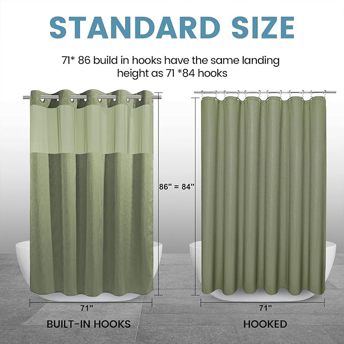 Sage Green Long Hotel Shower Curtain - 230GSM Waffle Textured Heavy Duty Thick Fabric Shower Curtains for Bathroom,71W x 86H
