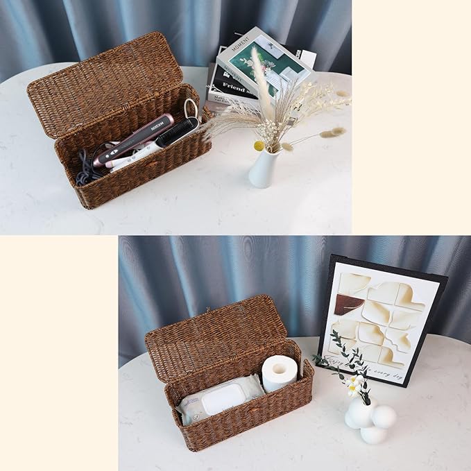 BROWNLILY Rattan Wire Storage Box, Handmade Cord Organizer for Desk Cord Hider Outlet Covers Baby Proofing for Power Strip TV PC Router Charger Under Desk Cable Management Box