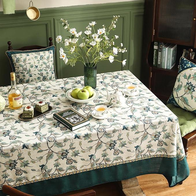 patdrea Designer Green Linen Rectangle Tablecloth,Vintage Floral Pattern Breathable Table Cloth,Home Table Cover Decor for Kitchen Dining,Christmas,Thanksgiving,Holiday,Tea Party,55"x87"-Noah
