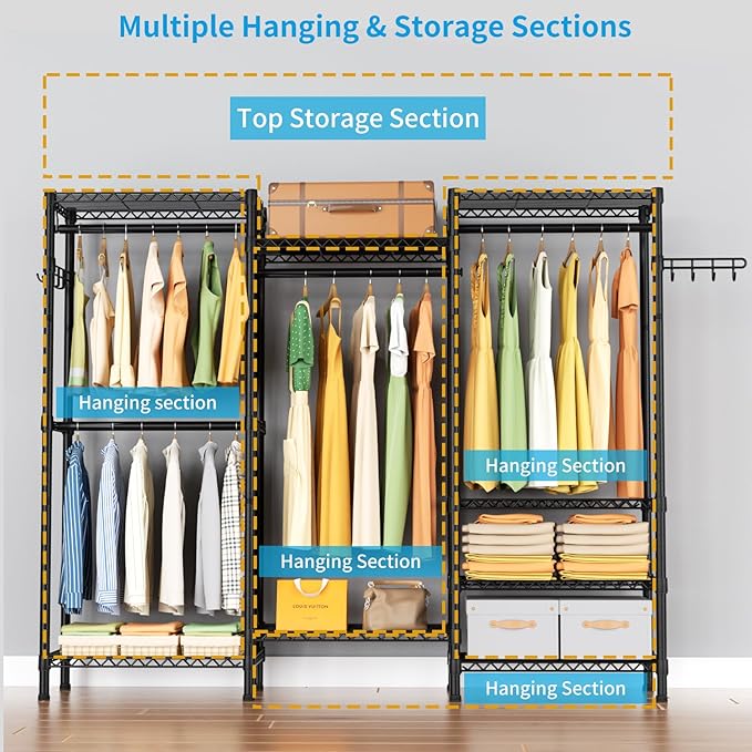 Heavy Duty Garment Rack Large Clothes Rack,Freestanding Closet Portable Clothing Rack with 8 Adjustable Wire Shelves and 4 Hang Rods,Metal Closet Storage Wardrobe Organizer System,Max Load 800lbs