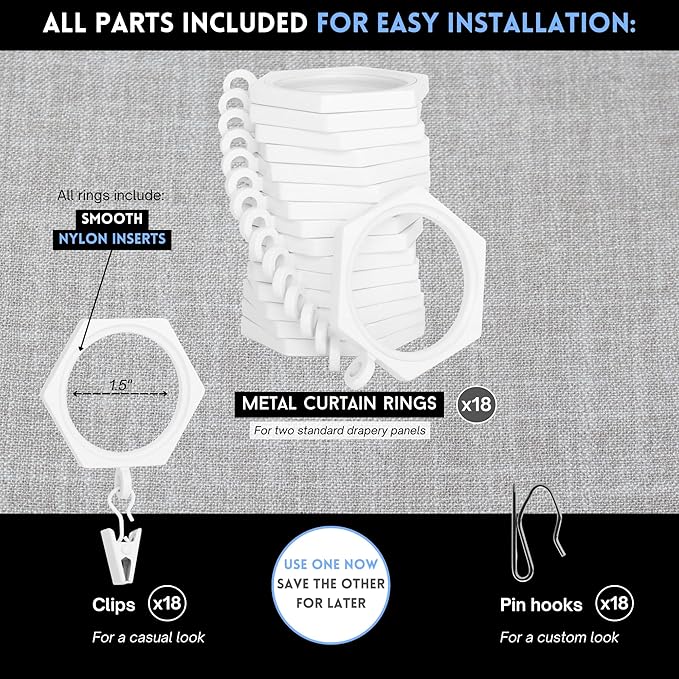 BlastHome® Luxury Curtain Rings - Premium Metal with Quiet, Smooth Nylon Inserts - Pinhooks and Clips Included - 1 1/2" Inside Diameter - 18 Rings for Two Standard Curtains - White