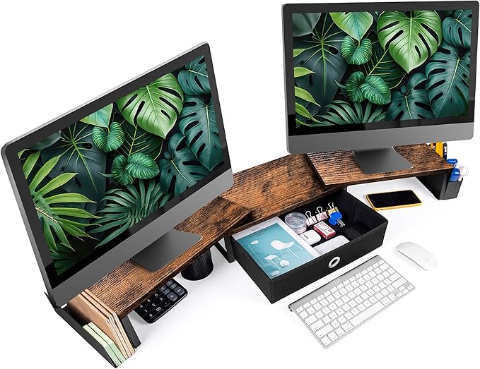Dual Monitor Stand Riser With Drawer, Office Desk Organizers and Accessories, Computer Riser for 2 Monitors, Shelf With Adjustable Length & Angle