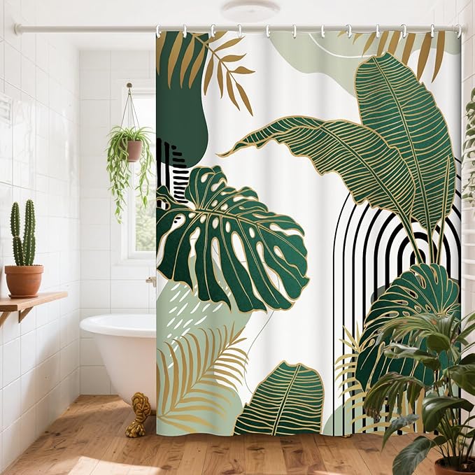 Boho Mid Century Shower Curtain Set for Bathroom, 72"X72" Green Shower Curtain for Chic Elegant Bathroom Decor, Fabric Shower Curtain Waterproof Durable (Green, 72" L x 72" W)
