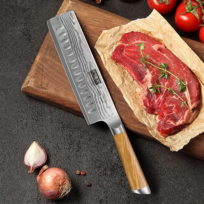 HOSHANHO Damascus Nakiri Knife 6.5 Inch, Super Sharp Damascus 10Cr15CoMoV Japanese Kitchen Knife, Cleaver and Vegetable Knife with Ergonomic Olive Wood Handle