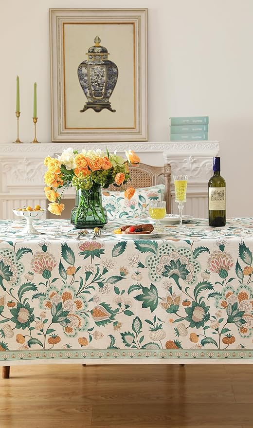 patdrea Designer Green Long Rectangle Table Cloth,Vintage Italian Floral Country Linen Breathable Tablecloth,Decor Cover for Kitchen Dining,Christmas,Tea Party,Thanksgiving,63"x102"-Tree Life
