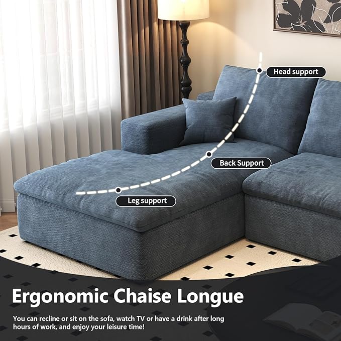 107'' L-Shaped Modern Modular Sectional Cloud Couch, 4-Seat Chenille Deep-Seat Sofa with Pillow for Living Room, Bedroom, Apartment, Ocean Blue