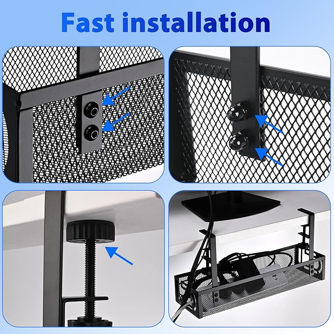 Under Desk Cable Management Tray Small – Clamp-Mounted Wire Organizer & Cord Management Under Desk Rack, No-Drill Metal Cable Organizer for Home Office (Black)