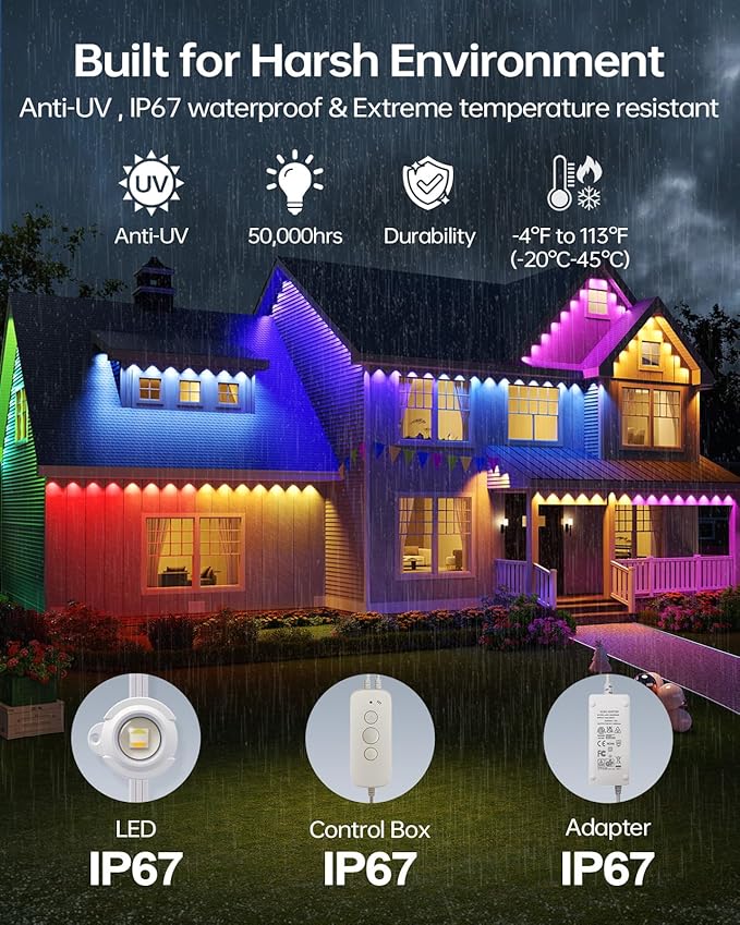 ASAHOM AI Permanent Outdoor Lights S107E, 300FT with 216 RGBCW LED Lights and Dual Output, 30,000 Lighting Effect Combination, IP67 Waterproof for House Halloween Christmas and Daily Decoration, White
