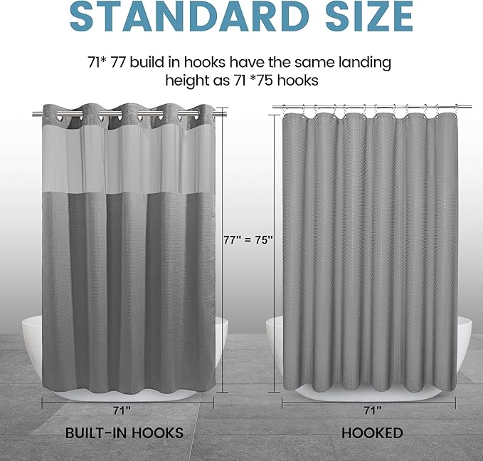 Long No Hook Shower Curtain with Snap in Liner,230GSM Waffle Weave Shower Curtains for Bathroom,71W x 77H(75"),Grey