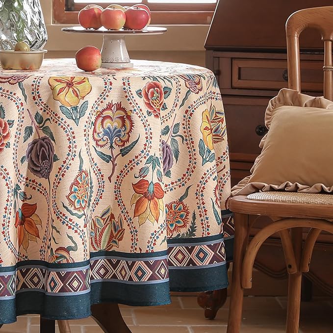 Vintage French Round Tablecloth,Linen Extra Long Tablecloth with Rose and Cornflower Pattern,Decorative Table Cover for Kitchen,Dining,Thanksgiving,Christmas,Party,Diameter 67"-Lanae