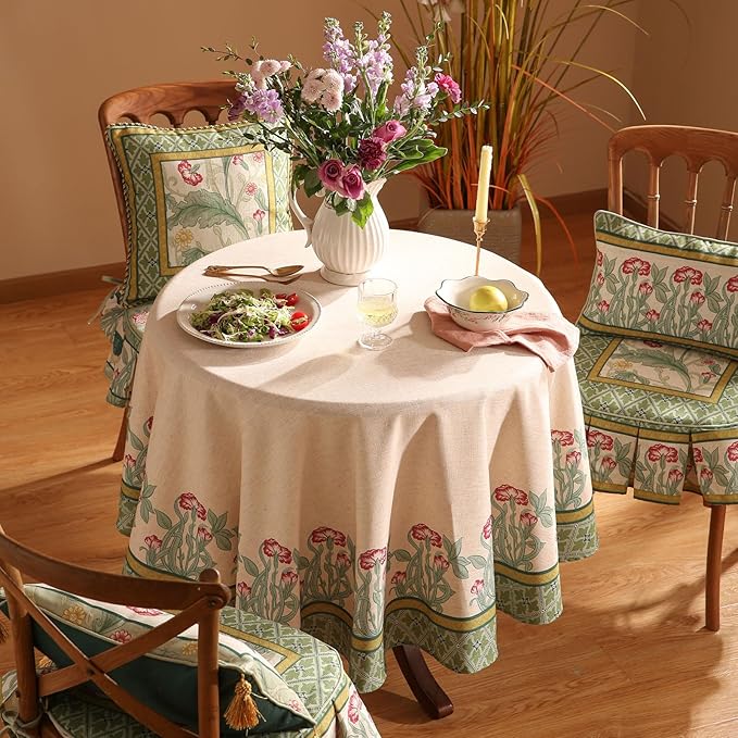 patdrea Designer Vintage Round Table Cloth,Anti-Wrinkle Leaves Pattern Green Tablecloth,Linen Table Cover Fall Decor for Kitchen Dining Christmas,Party,Thanksgiving,Diameter 55"-Cecilia D