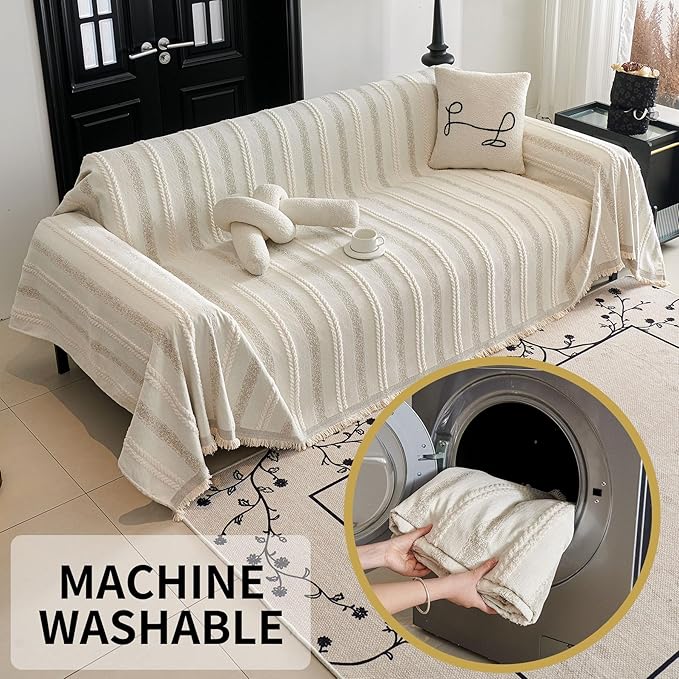 HAOMAIJIA Non Slip Couch Cover Sofa Covers for 3 Cushion Couch Washable sectional Couch Covers for Dogs pet Furniture Protector Couch Cover Blanket for Living Room (TM-Cream White, 91"x134")