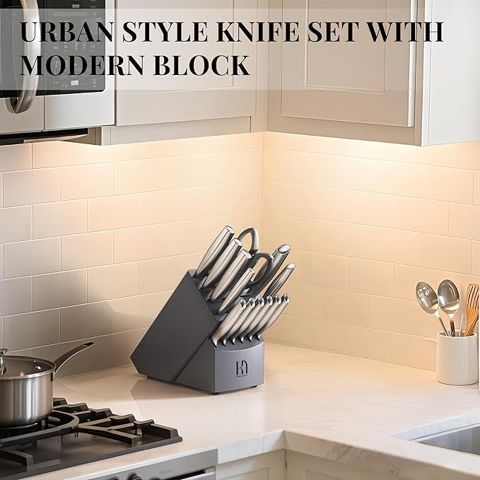Knife Set, 14 Pcs Premium Japanese High Carbon Stainless Steel Kitchen Knife Set, Razor Sharp Knife Block Set with Built-in Sharpener, Quality Acacia Wood Block Knife Sets Ergonomic Handle