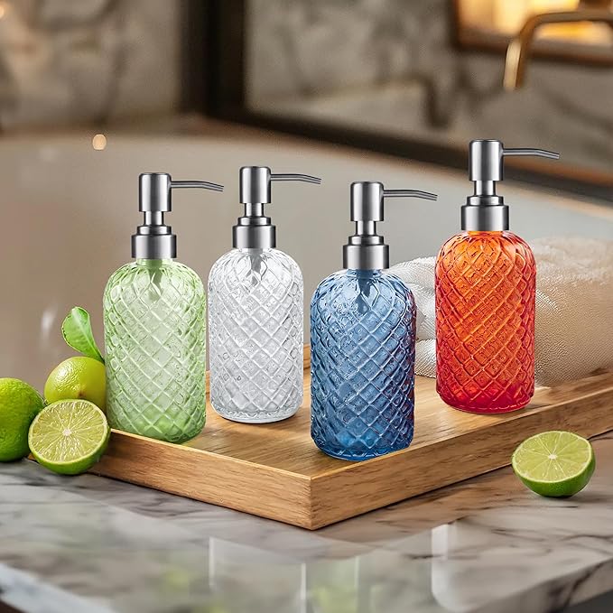 14 Oz Refillable Glass Soap Dispenser with Rust Proof Stainless Steel Pump, for Dispense Hand soap, Body wash, Lotion (Green)