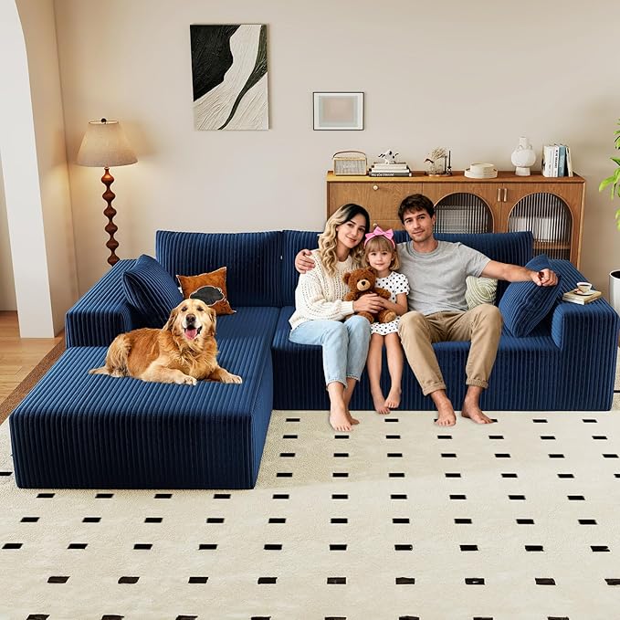 96" Modular Sectional Couch, Boneless L Shaped Cloud Sofa with Chaise Lounge, Corduroy Upholstered Couches Memory Foam Deep Seat, No Assembly Required, Ideal for Living Room(Blue, Left Facing)