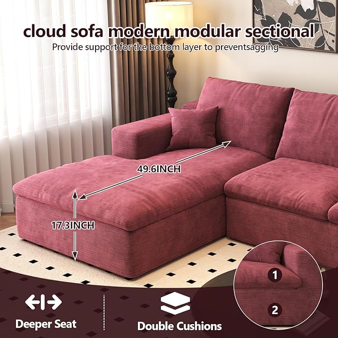 107'' L-Shaped Modern Modular Sectional Cloud Couch, 4-Seat Chenille Deep-Seat Sofa with Pillow for Living Room, Bedroom, Apartment, Wine Red
