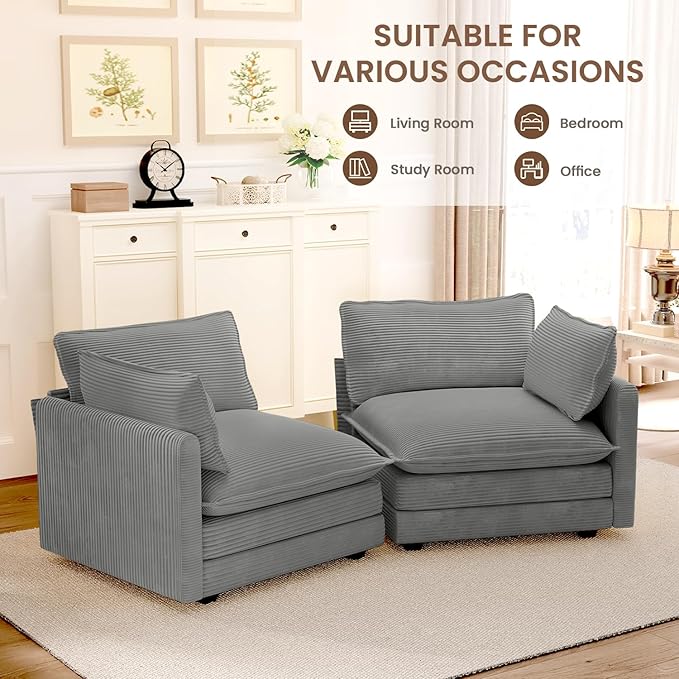 ROWHY 78'' Sectional 2 Seat Cloud Loveseat with 2 Throw Pillows, Modern Corduroy Love Seat, Convertible Cozy Sofa for Living Room, Bedroom and Office, Dark Grey