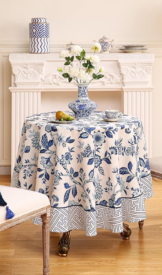 Vintage French Linen Round Tablecloth,Blue and White Floral Wrinkle Free Tablecloths,Decorative Table Cover for Kitchen,Dining,Tea Party,Thanksgiving,Christmas,Diameter 67"-Suqing