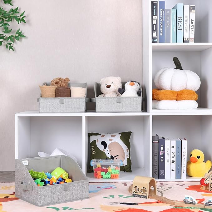 WUIKE 3 Pack Large Closet Storage Bins, Fabric Trapezoid Storage Baskets for Organizing Clothes, Sheets, Blankets, Decorative Storage Bins, Herringbone Gray, Large