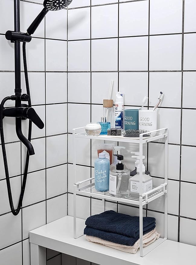 2pk Kitchen Cabinet Shelf Counter Organizer Rack Pantry Storage Bathroom Bedroom Office Table Desk Space Saving Steel Frame Stackable Rust Resistant Non Slip White-Tall- L13in W8.3in H9.5in