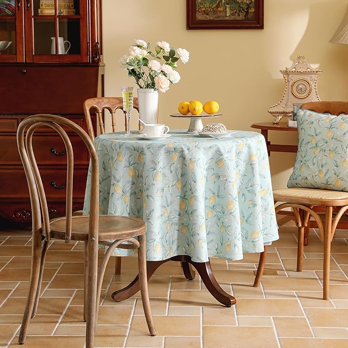 patdrea Designer Green Round Tablecloth,Vintage Linen Yellow Fruits Pattern Durable Table Cloth,Decor Table Cover Cloth for Kitchen Dining Christmas,Thanksgiving,Tea Party,Diameter 67"-Ania a