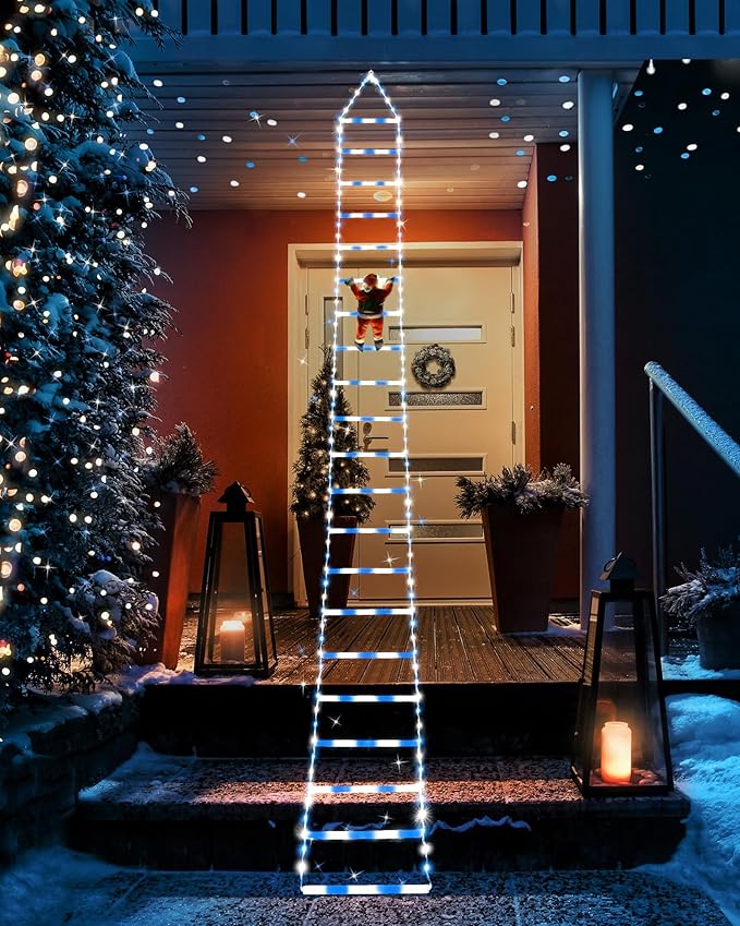 Toodour LED Christmas Lights - 10ft Christmas Decorative Ladder Lights with Santa Claus, Xmas Decorations Light for Indoor Outdoor, Window, Garden, Home, Wall, Xmas Tree Decor - White & Blue