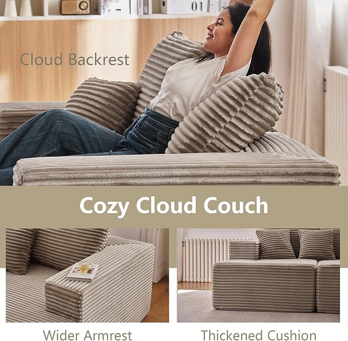 140" L Shaped Cloud Sectional Couch for Living Room, Modular Floor Deep-Seat Sofa, Big Comfy Corduroy Couches Set with Fluffy Memory Foam for Living Room Bedroom, No Assembly Required, Camel