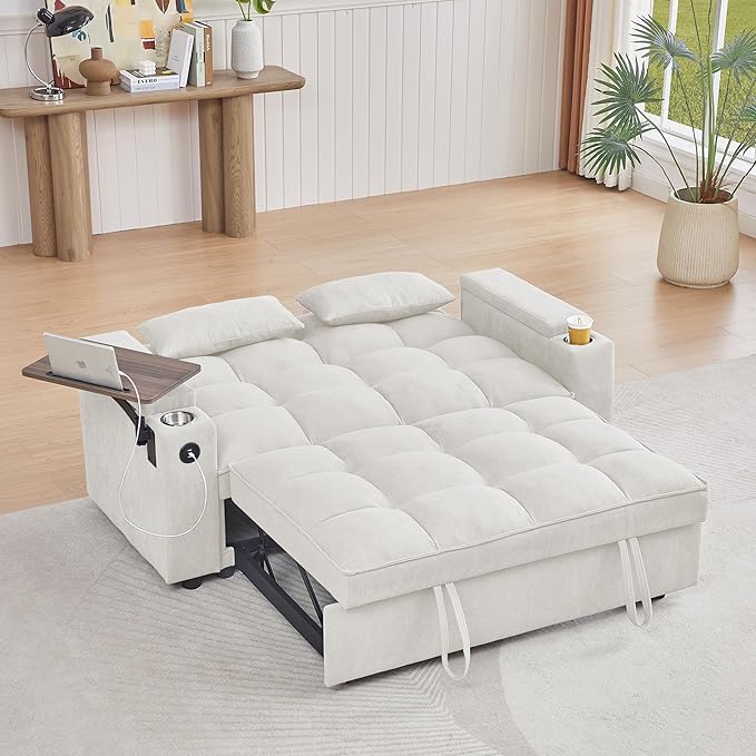 65'' Convertible Sleeper Sofa Bed with Adjustable Backrest, Chaise Lounge, Side Table & USB/Type-C Ports – Stylish & Functional Addition to Any Living Room (White)