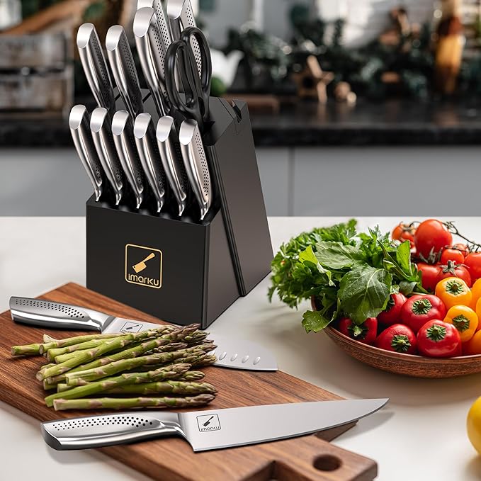 imarku® Kitchen Knife Set, 15 Pcs Japanese Knife Set with Block, Premium Razor-Sharp Chef Knives Set for Kitchen with Sharpener, Rust-Proof, Ergonomic Full-Tang Handle, Black