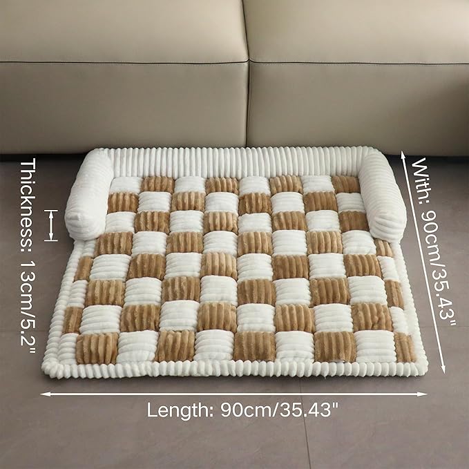 Couch Covers for Dogs and Cats, Fuzzy Dog Sofa bed with Cream Square Plaid, Plush Pet Couch Cover Bed, Thickened Quilted Furniture Protector Mat for Large Medium Pets (Dark Brown 35.43"*35.43")