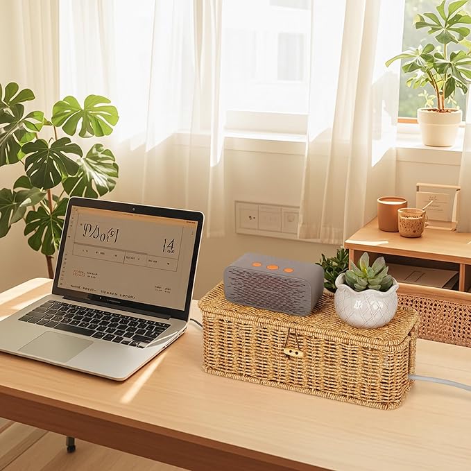 Cable Management Box, Handwoven Faux Rattan Cord Organizer Box with Lid, 2 Open Slots Cable Organizer Box, Decorative Cord Hider Box for Tv Computer USB Hub & Power Strip Holder Box