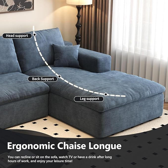 107'' L-Shaped Modern Modular Sectional Cloud Couch, 4-Seat Chenille Deep-Seat Sofa with Pillow for Living Room, Bedroom, Apartment, Ocean Blue