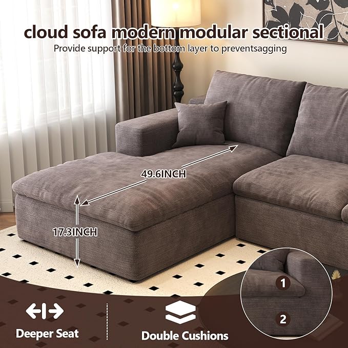 107'' U-Shaped Modern Modular Sectional Cloud Couch Whit Ottoman, 4-Seat Chenille Deep-Seat Sofa with Pillow for Living Room, Bedroom, Apartment, Camel