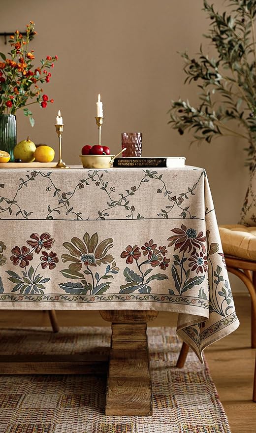 patdrea Designer Linen French Tablecloth for Rectangle Table,Fall Country Breathable Floral Extra Long Tablecloths,Table Cover for Kitchen Dining,Christmas,Thanksgiving,67"x118"-Oliveirad