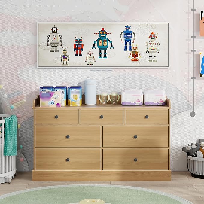 Vabches Kids Dresser Cabinet with 7 Drawers, Changing Table for Nursery, White Chest of Drawers, Baby Dresser, Kids Bedroom Furniture, Nightstand for Child’s Room,Oak