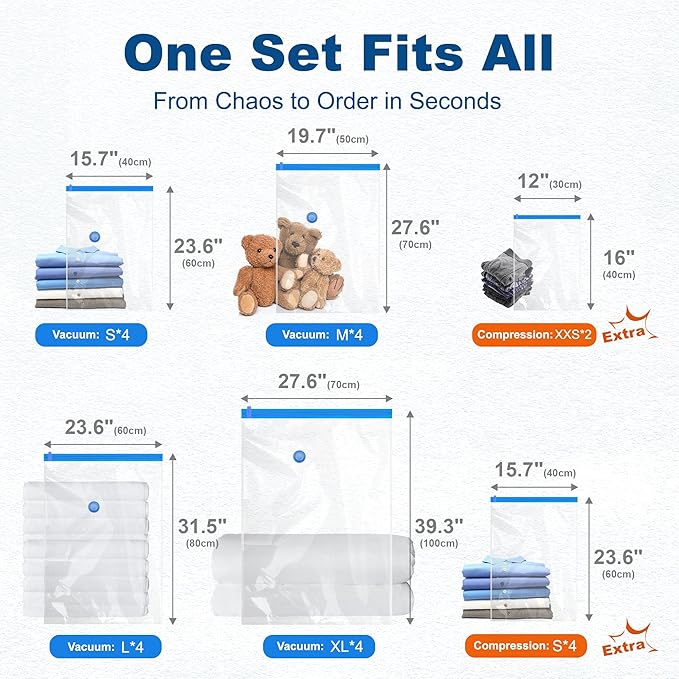 HOUSE DAY 22 Pack Vacuum Seal Bags For Clothing Travel, 80% Space Saving Travel Vacuum Bags with Electric Pump, Vacuum Storage Bags For Clothes, Comforters, Blankets, Moving, Storage & Organization