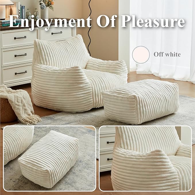 Premium Beige Bean Bag Chair for Adults with Armrest- Ultra Plush Memory Foam Lounge Sofa & Comfy Reading Nook Chair for Bedroom, Living Room & Dorm (White, with Footrest)