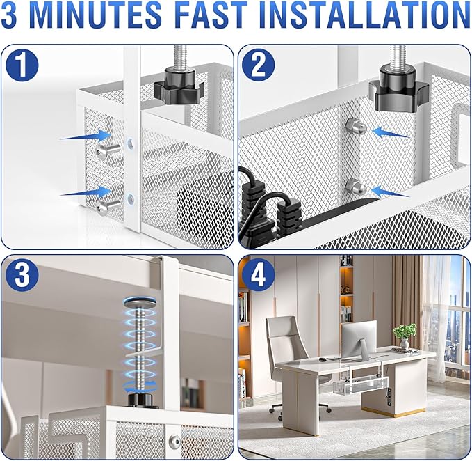 Under Desk Cable Management Tray - GZOKMOG No Drill Cord Organizer with Clamp, Reinforced Metal Mesh Workspace Organizers for Wire, Office Desk Accessories, 2 Pack White, 15.75 inch