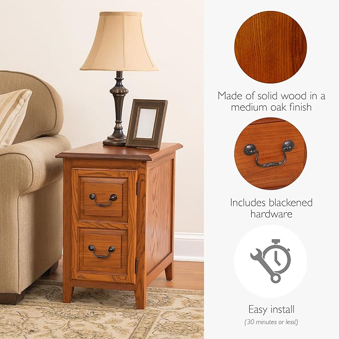 Shaker Solid Wood End Table with Faux Drawer Cabinet Storage, Medium Oak Brown, Perfect for Living Rooms, Bedrooms, and Small Spaces – Leick Home, 10030-MED