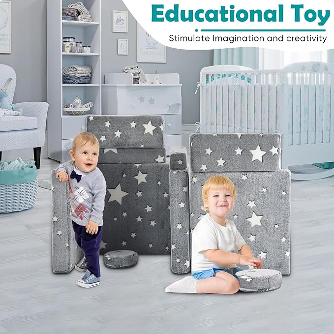 10Pcs Kids Play Couch,Toddler Sofa,Modular Kids Couch for Playing, Creativing, Sleeping (Luminous Color)