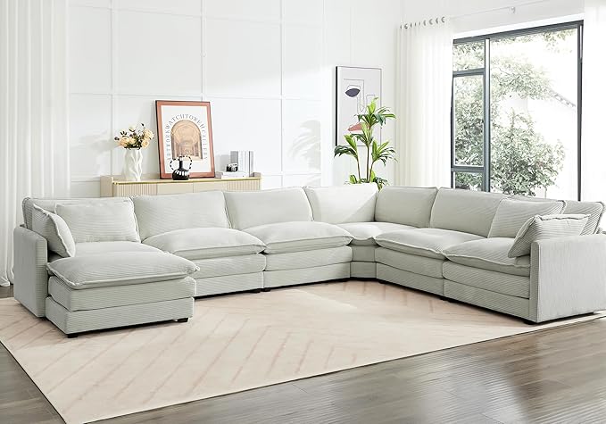 ROWHY 150'' Modular Sectional Corner Cloud Couch, 7 Seater Sofa Big Comfy Corduroy V Shaped Couch with 4 Throw Pillows, Movable Ottoman, Couches for Living Room Office Light Grey