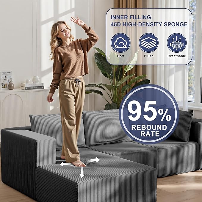 108" Boneless Couches for Living Room, Modular Cloud Couch Sofa -4 Pieces U Shap Corduroy Sectional Sofa, Fluffy Memory Foam Sleeper Sofa Furniture, No Assembly, Wide Armrest, Grey