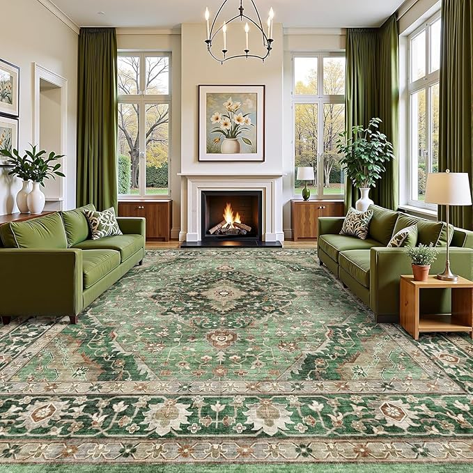 10x12 Green Rugs for Living Room Bedroom, Washable Area Rugs Non Slip Large Rug for Dining Room Office, Floor Decoration Vintage Boho Big Rug Carpet Low-Pile Kid & Pet Friendly