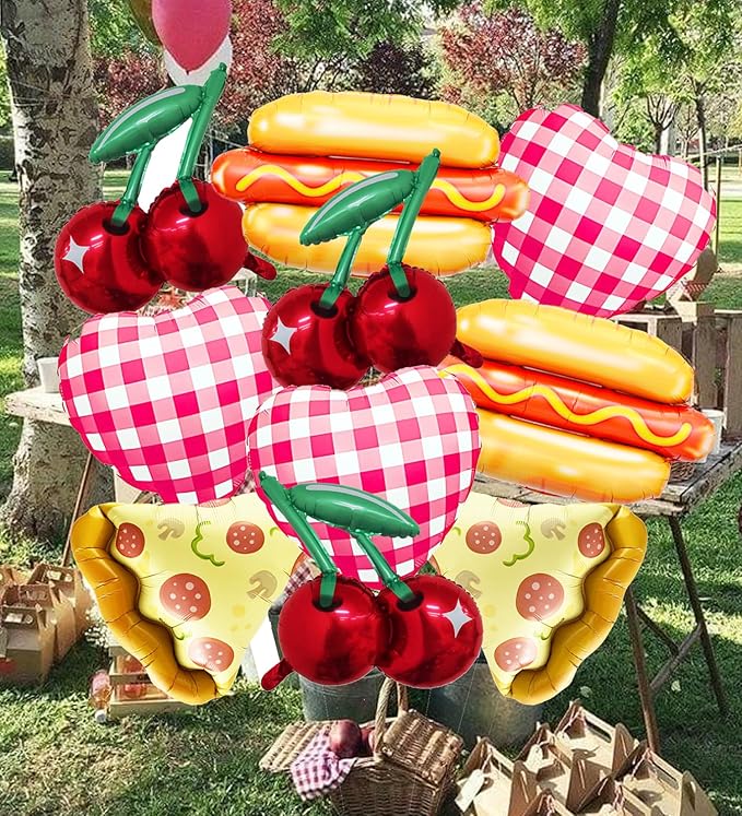 10 Pcs Food Balloon Kit Hot Dog, Pizza, Cherry Balloons and Red White Plaid Gingham Balloon for Summer Picnic BBQ/Pizza, Hot Dog Party/Picnic Themed Balloon for Birthday Party Decorations