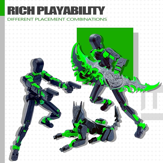 (Assembly Completed) T13 3D Action Figure Set,Dummy Robo Titan 13 Action Figures,3D Printed Multi-Jointed Toy (Black + Green)