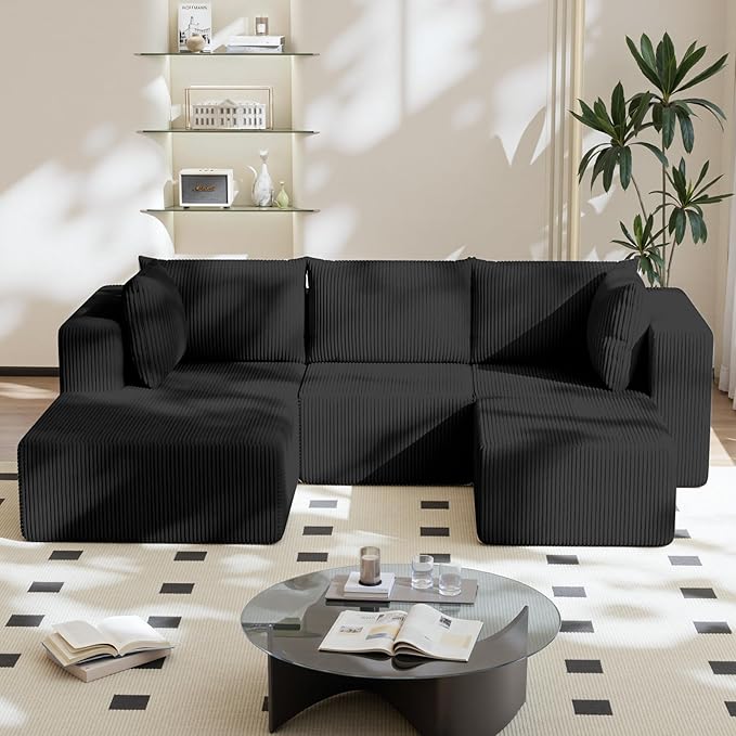 108" Boneless Couches for Living Room, Modular Cloud Couch Sofa - 4 Pieces U Shap Corduroy Sectional Sofa, Fluffy Memory Foam Sleeper Sofa Furniture, No Assembly, Wide Armrest, Black