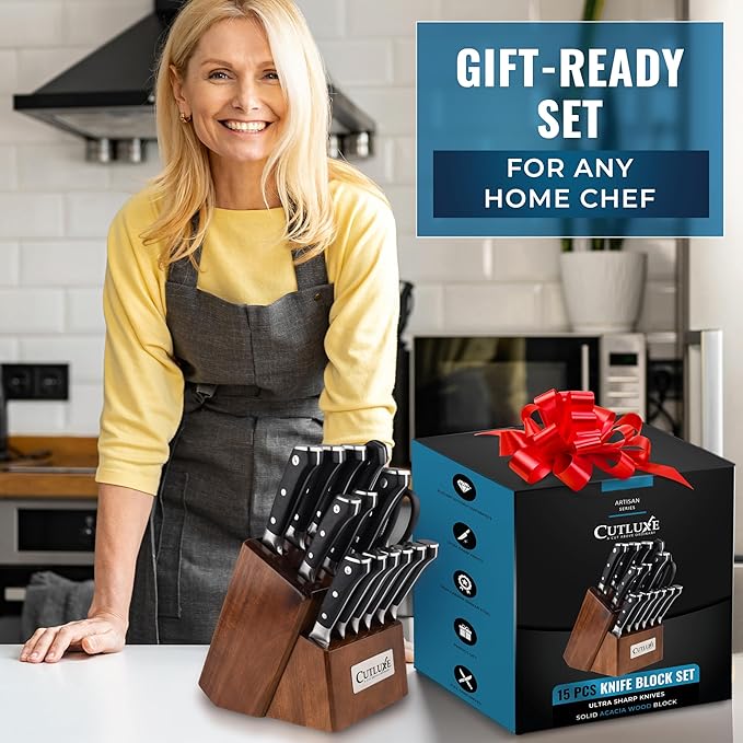 Cutluxe 15-Piece Knife Set – Premium Acacia Wood Block – Knife Set for Kitchen, Ultra Sharp High Carbon German Stainless Steel, Full Tang – Artisan Series