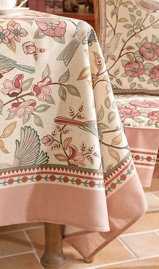 patdrea Designer Pink Linen Table Cloth for Rectangle Table,Vintage Floral with Birds Pattern Decorative Tablcloth,French Table Cover for Kitchen Dining,Thanksgiving,Christmas,55"x71"-Kulom a