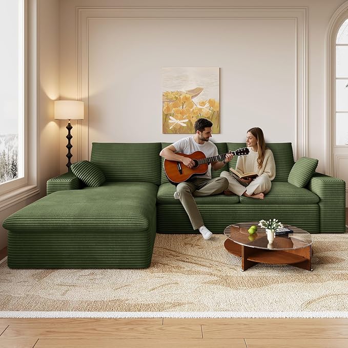 107 Inch Cloud Sectional Couch, Modern Modular Sectional Sofa with Deep Seat, Corduroy Boneless Couches with L-Shape Chaise for Living Room Bedroom, No Assembly Required (Green, Left Facing Chaise)