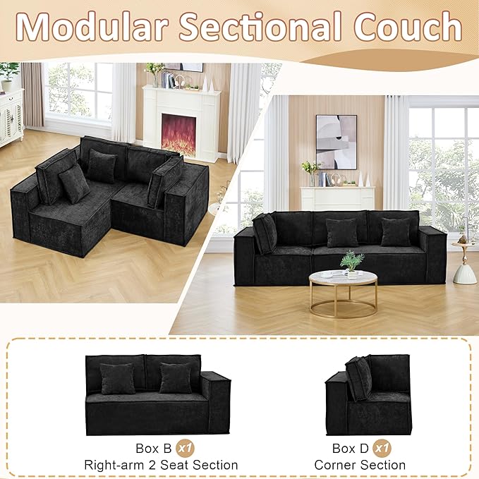 108'' Comfy Chenille Boneless Couch, Oversized Modular Sectional 3 Seater Sofa, Modern Deep Seat Corner Cloud Compressed Couch, No Assembly Sleeper Sofa with Chaise for Living Room, Black